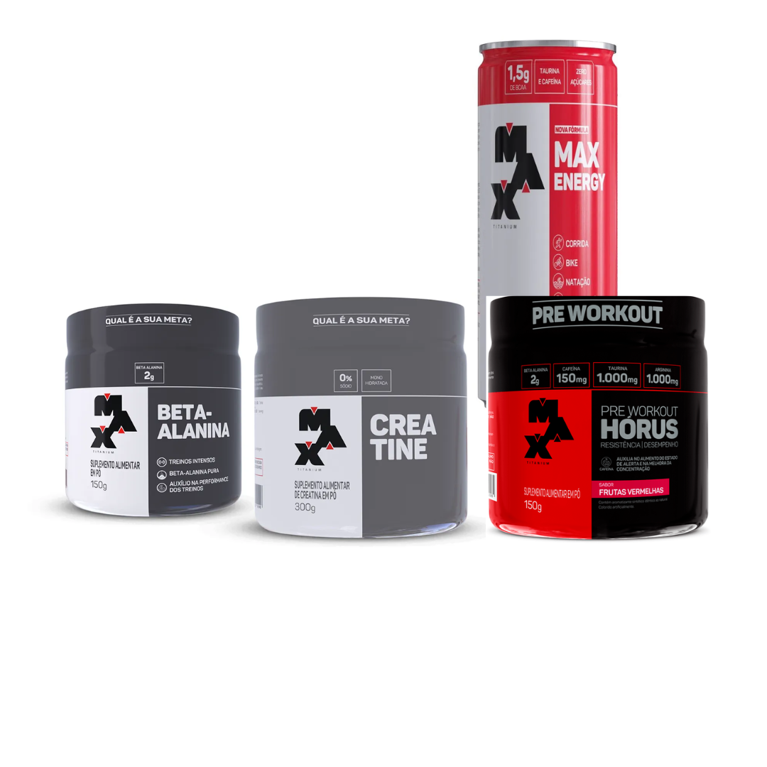 Kit Força Máxima - Max Titanium | Creatina 300g+ Beta Alanina + Pré-Treino + Taurina