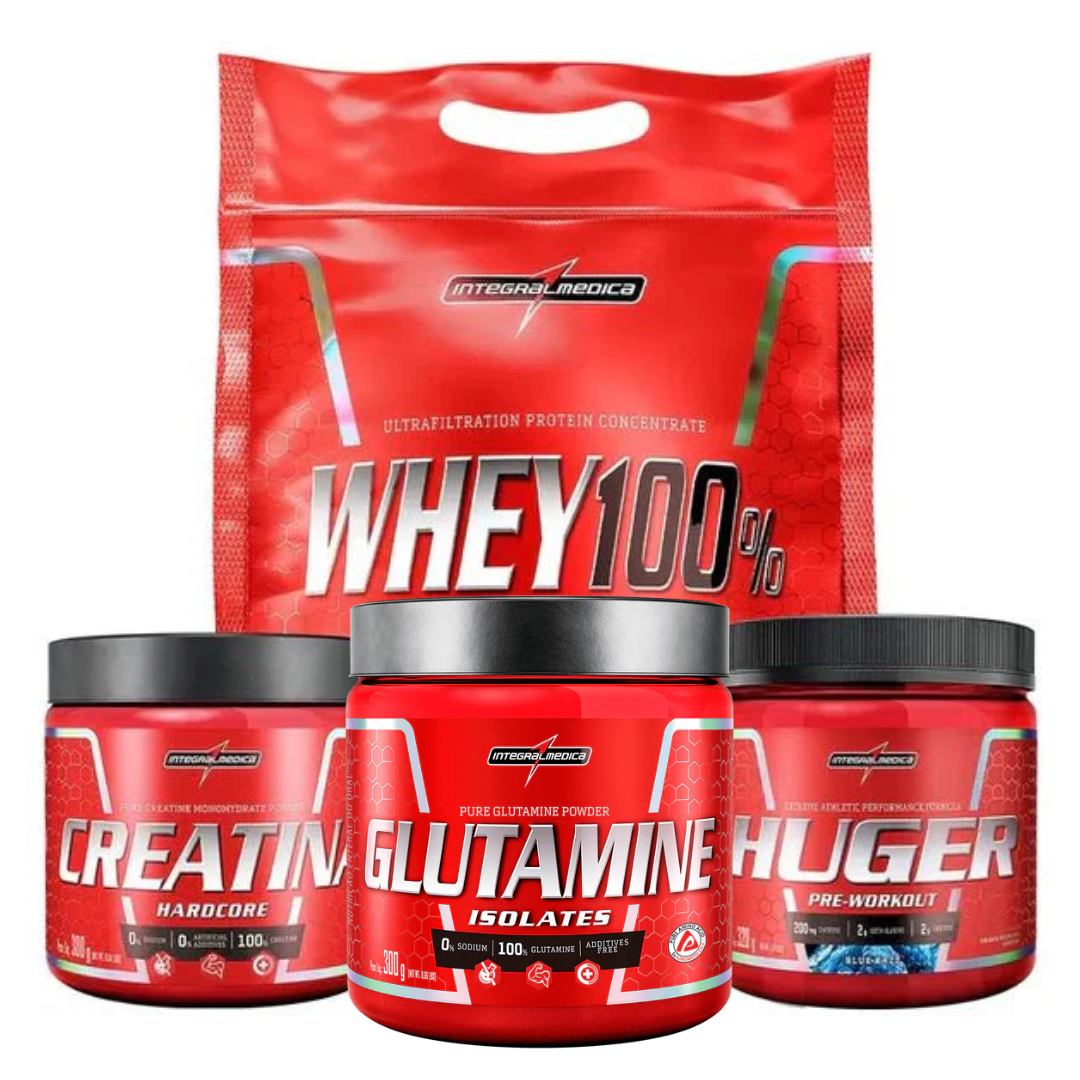 Kit Treino Hardcore - Integralmedica | Whey Protein 900g + Creatina 300g + Pré-Treino + Glutamina
