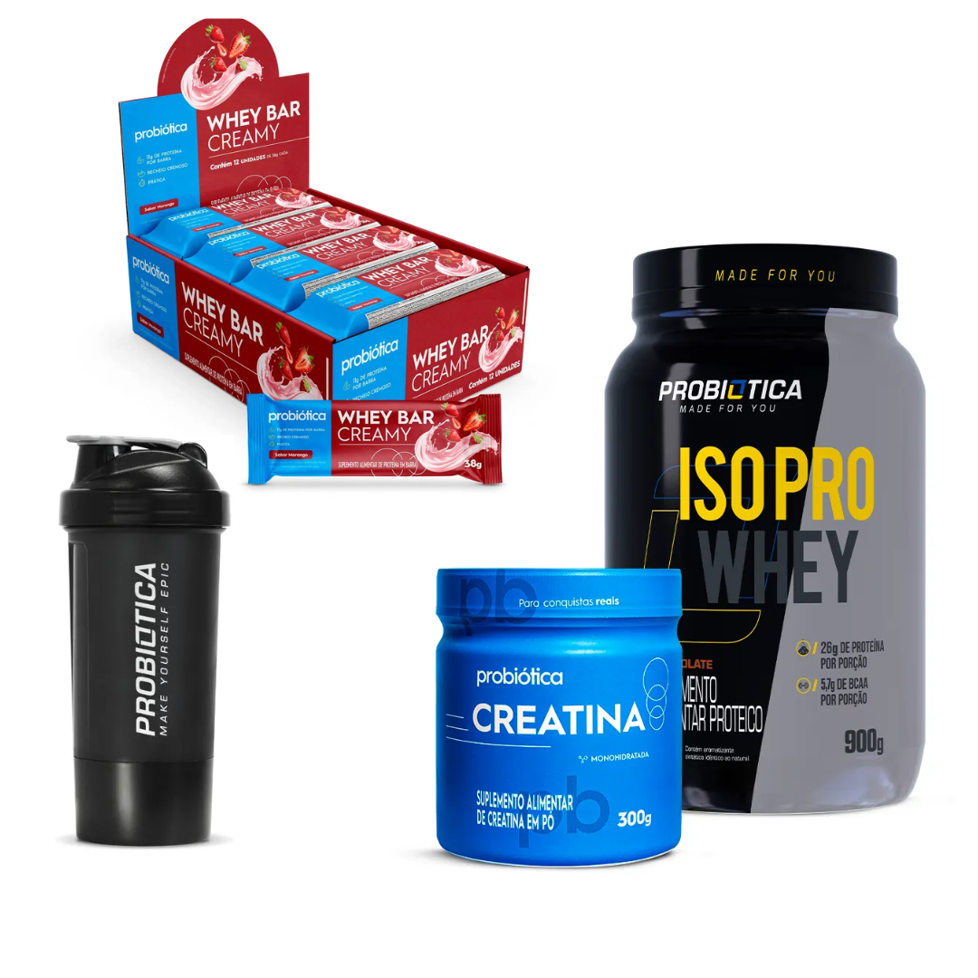 Kit Treino Completo - Probiótica | Whey Protein 900g + Creatina 300g + Barra Proteica + Coqueteleira