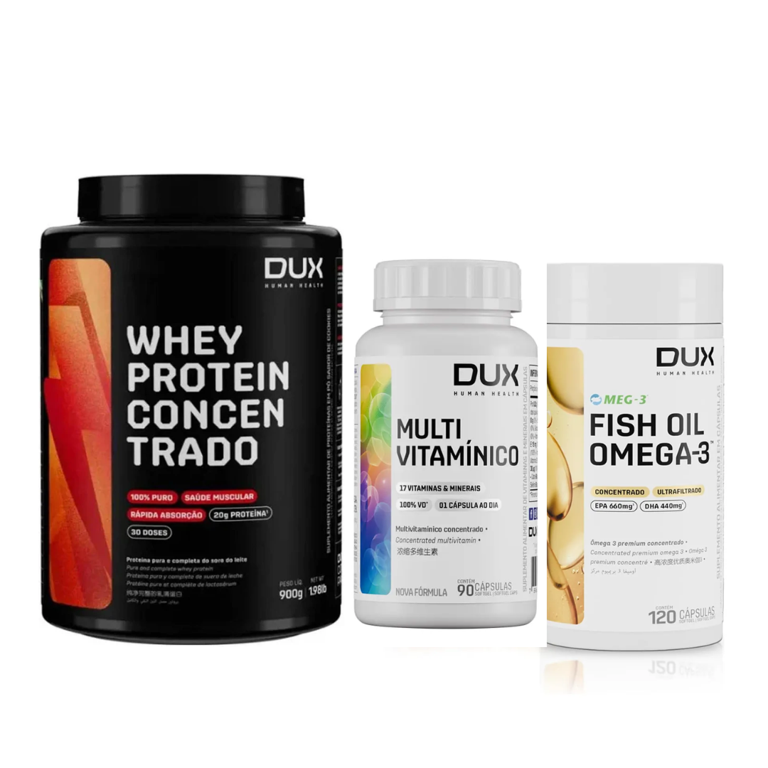Kit Nutrição Completa - Dux Nutrition | Whey Protein + Multivitamínico + Ômega 3